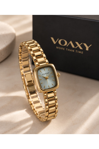 VOAXY Gold Metal Kordonlu Açık Mavi Kadranlı Kadın Saat - Dikdörtgen Kasa Zar...
