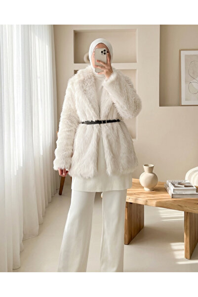 Modamorfo Women's Belted Oversize Fur Coat 9156 - White