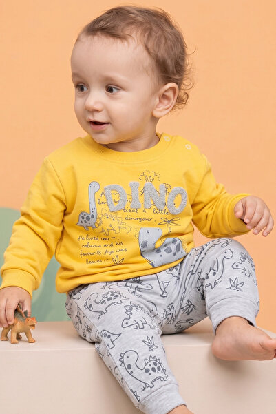 Rocha Baby Baby Boy Dinosaur Printed Double Set Sweatshirt and Pants with Shoulder Snap Fasteners