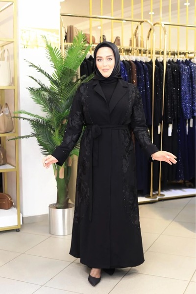 ahlemden SİYAH İŞLEMELİ ABAYA TAKIM 6057 KOD