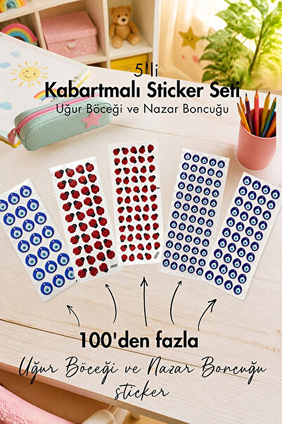 Bimotif 5li kabartmalı yapışkan sticker seti (13x7 cm), Nazar Boncuğu ve Uğur...
