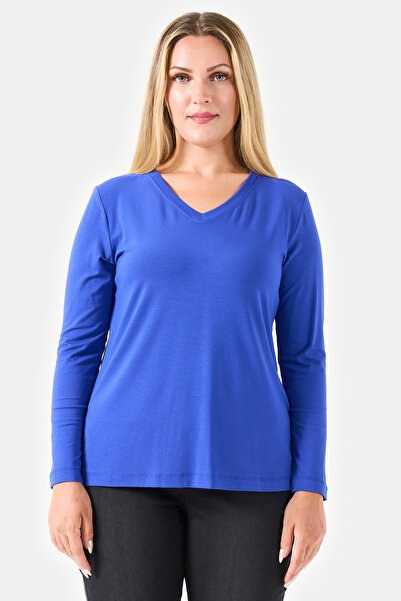 TOLGA SARAÇOĞLU 11092Ts Saks V-Neck Long Sleeve Basic Knitted Blouse