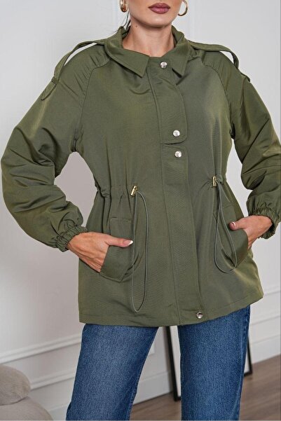 NEW JOURNAL Women's Khaki Epaulet Detailed Waist Gathered Lightweight Jacket ...