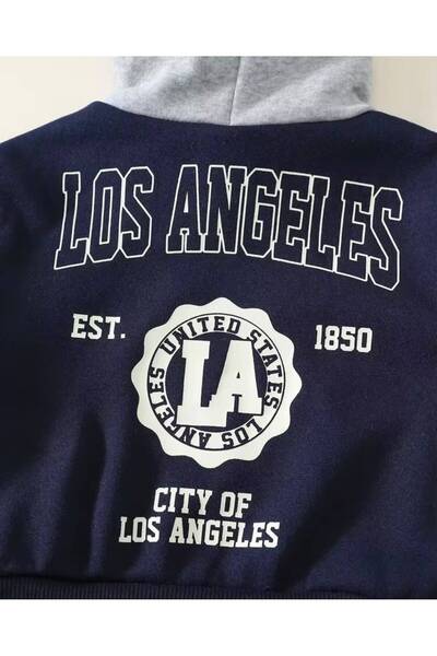 trendyears Kız-Erkek Çocuk Lacivert Kapşonu Gri Sırt Los Angeles Baskılı Sweatshirt- Gri Lastik Paça Eşofman Alt-Üst Takım