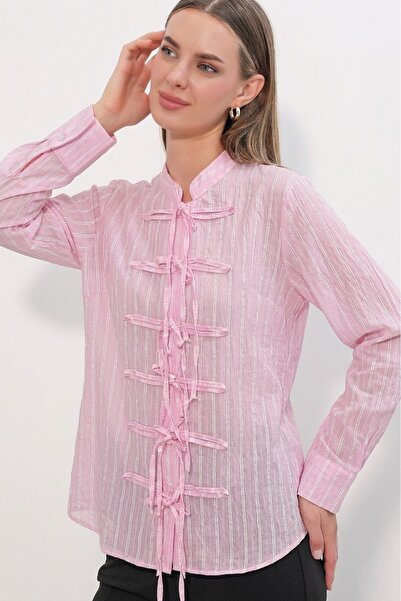 Modamorfo Women's Front-Tie Striped Shirt 20404 - Pink