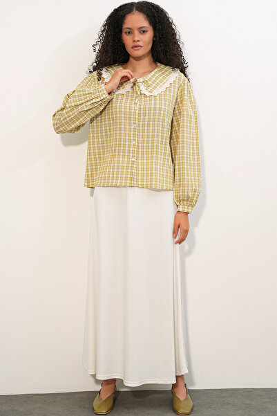Modamorfo Women's Lace Collar Plaid Shirt 20387 - Yellow