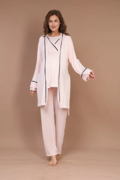 Rimel Homewear طقم بيجامة للحوامل باللون الوردي الفاتح مع حزام وربطة عنق، مكو...