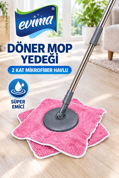 EVİMA Döner Mop Yedeği 2 Kat Mikrofiber Havlu Süper Emici Mop Ucu Pembe Renk