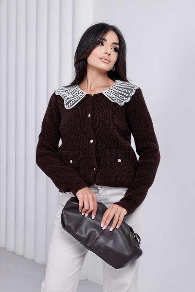 For Angels Cardigan cu guler din dantelă și buzunare cu nasturi
