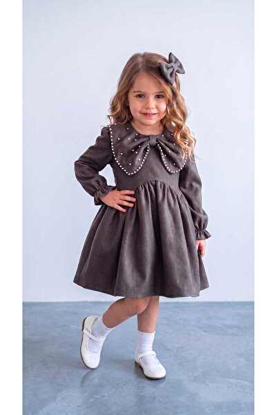 GREYFURTKİDS Girl's Stylish Dress with Pearl Detail and Bow – Long Sleeve Dress with Gathered Waist