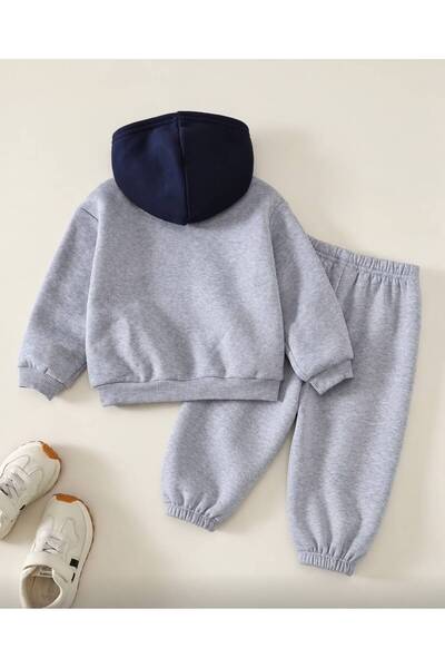 trendyears Kız-Erkek Çocuk Gri Kapşonu Lacivert Brookyln 1998 Baskılı Sweatshirt- Gri Lastik Paça Eşofman Alt-Üst Takım