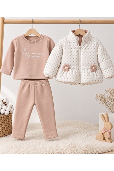 Pure Boutique Costum bebe 3 piese din bumbac 100% roz cu geaca captusita si p...