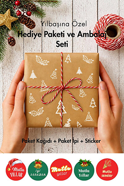 Bimotif 5li Yılbaşı Çam Paket Kağıdı (70x100 cm) + 25m İp + 35 adet Stickerlı...