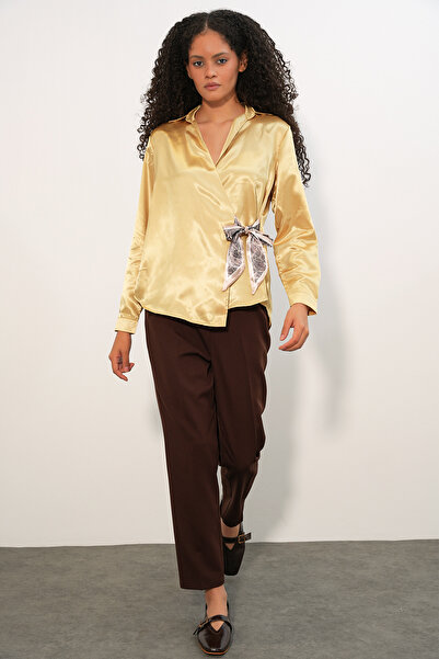 Modamorfo Women's Double-Breasted Satin Shirt 20386 - Golden Yellow