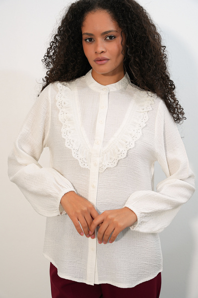 Modamorfo Women's Long Ruffle Shirt 20385 - White