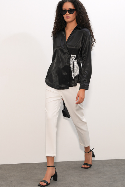Modamorfo Women's Double-Breasted Satin Shirt 20386 - Black