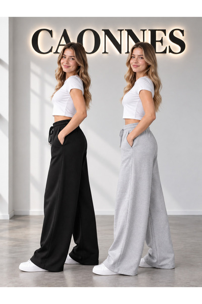 CAONNES Winter Women's 2-Piece Sweatpants (Black-Grey) Oversize Comfortable F...