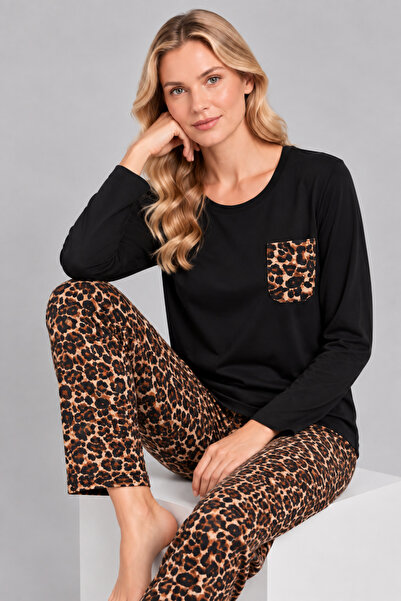 Pijamask Kadın Leopar Desenli Bol Paça Pamuklu Pijama Takımı – Siyah