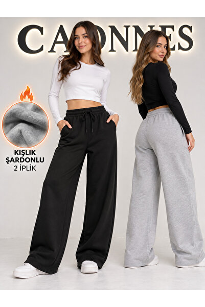 Kışlık Şardonlu 2'li Kadın Eşofman Altı (Siyah-Gri) Oversize Baggy Salaş Paça
