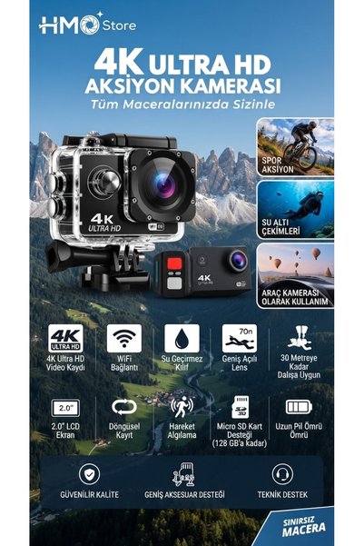 4K Ultra HD WiFi Su Geçirmez 30M Dalış Uç Geçirmez Kılıflı 170° Geniş Açı 2.0" Ekran Aksiyon ve Spor Kamerası (Zengin Aksesuar Seti + Taşıma Çantası Dahil)
