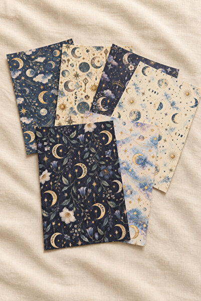 Gökyüzü Rüyası A5 Scrapbook Kağıdı 6’lı Set Ay Yıldız Desenli