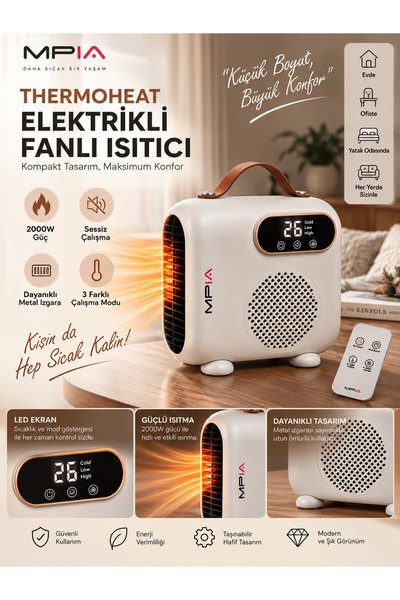 MPIA Thermoheat 2000W Uzaktan Kumandalı Elektrikli Fanlı Isıtıcı – 25 m² Etkili Portatif Masaüstü Sessiz Çalışan Isıtıcı