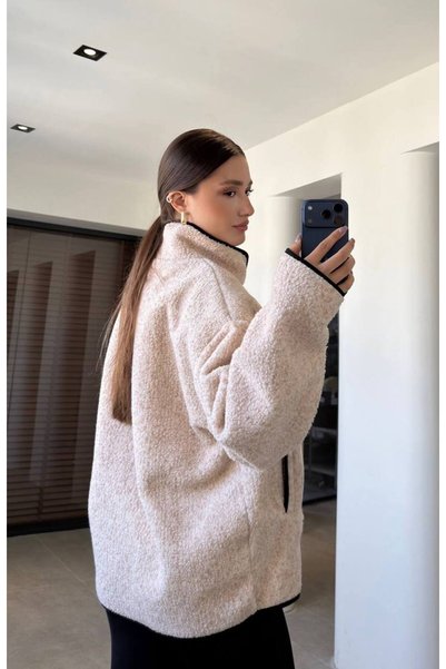 ZF BUTİK Black Piping Detailed Button Closure Teddy Coat