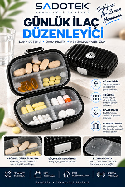 Taşınabilir Siyah İlaç Kutusu Günlük Hap ve Vitamin Saklama Kutusu 7 Bölmeli Güvenli Kilitli Seyahat Organizer BPA Free