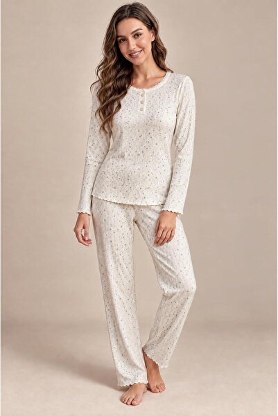 cotonhause Women's Long Sleeve Half Placketed Report Interlock Ecru Pajama Se...