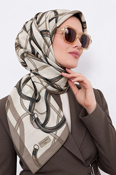 Lesscarves LS2209 Desenli Pamuk İpek Eşarp 90x90 cm 10-Ekru-Vizon