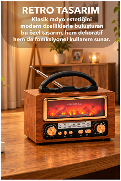 Teknoloji Gelsin Şömine Görünümlü Nostaljik Retro Radyo - Bluetooth & USB Destekli NS-901BT