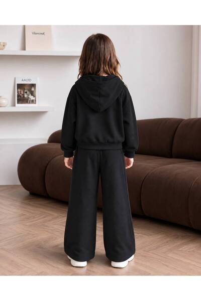 trendyears Kız Çocuk Siyah New York Baskılı Fermuarlı Sweatshirt-Siyah Bol Paça Eşofman Altı Takım