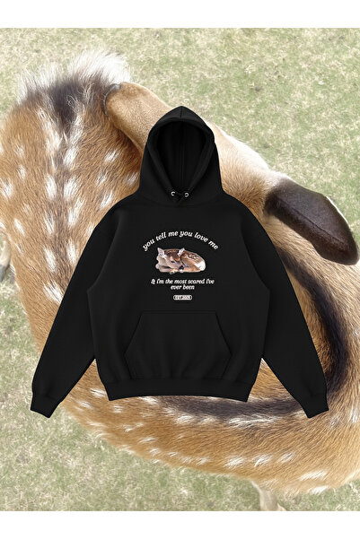 WHITE OF CREATIVE Kadın Geyik Fawn Baskılı Oversize Hoodie 3 İplik Kapüşonlu ...