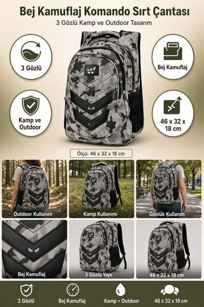 DODOMAR Commando Backpack Beige Color Camouflage 3 Compartments Camping and O...