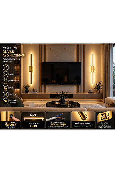 kialed 2’li Gold LED Duvar Aplik 74 cm Anahtarlı 220V Modern Dekoratif Duvar Aydınlatma