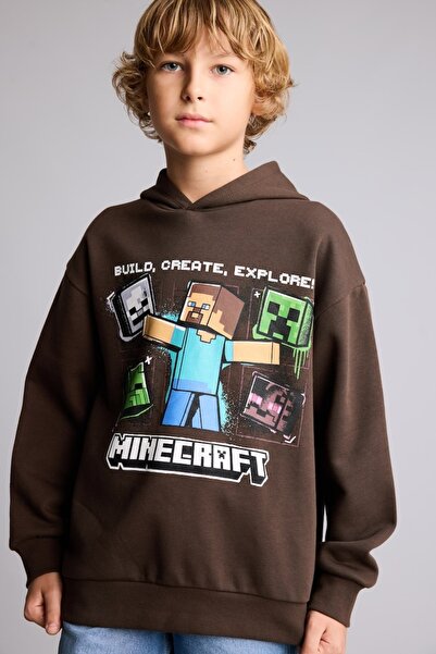 DeFacto Minecraft Lisanslı Baskılı Kapüşonlu İçi Yumuşak Tüylü Kalın Sweatshi...