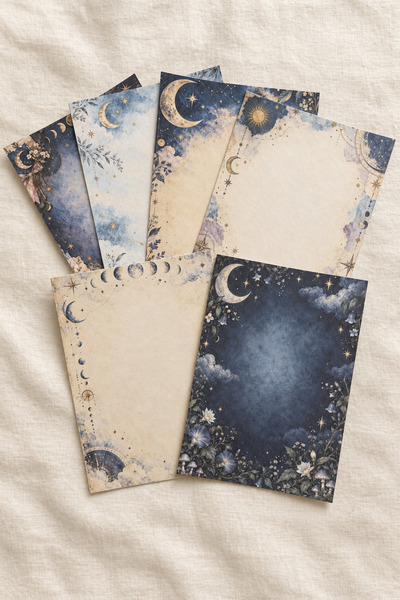 Ay Işığı Bahçesi A5 Scrapbook Kağıdı 6’lı Set Ay Yıldız Desenli