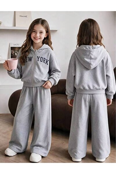 MORNİNG KİDS Kız Çocuk Gri Kapşonlu Fermuarlı New York Baskılı Sweatshirt -Bo...