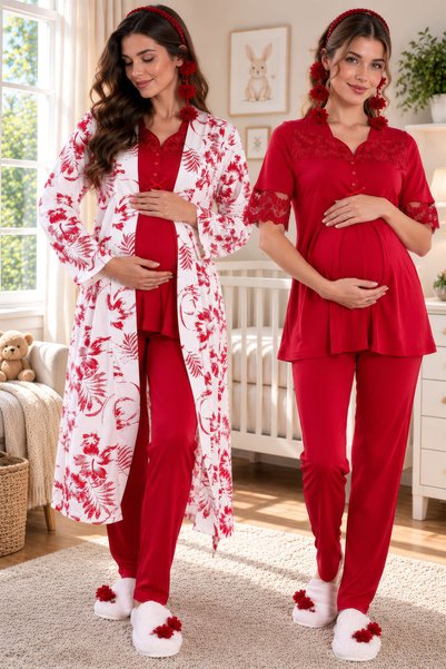 ByLohusa Patterned Short Sleeve Dressing Gown Maternity Nursing Pajama Set Effortt - Cherry