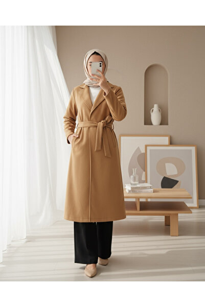 Modamorfo 9118 Double Breasted Lapel Cashmere Coat - Mustard