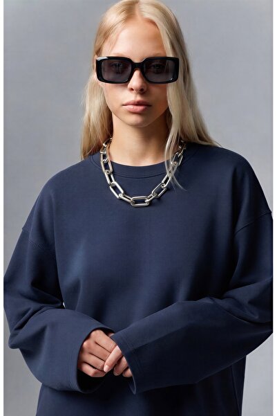 CrepTekstil Kadın %100 Pamuk Bisiklet Yaka Oversize Fit Uzun Kollu Lacivert T...