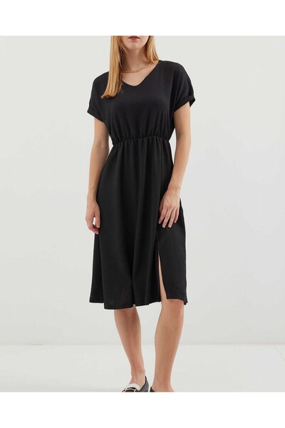 Modamorfo 2378 V-Neck Slit Knitted Dress - Black