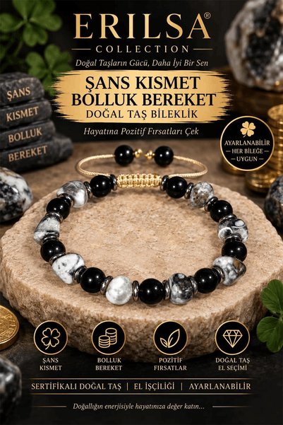Erilsa Sertifikalı Şans Kısmet Bolluk Bereket Doğal Taş Bileklik - Siyah Beya...