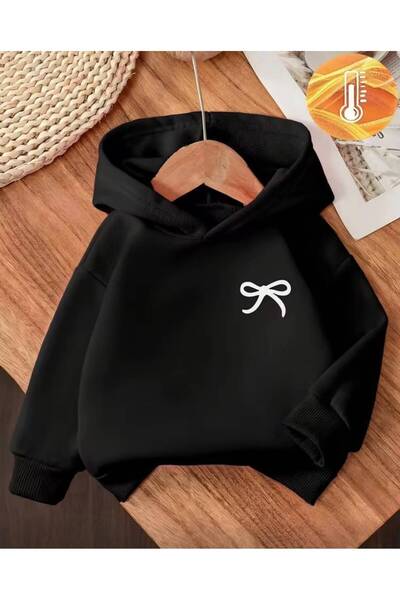 trendyears Kız Çocuk Siyah Kapşonlu Minik Kurdele Baskılı Şardonlu Sweatshirt