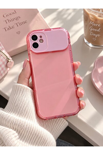 MİRAZ TASARIM IPHONE 11 AYNALI KAMERA KAPAKLI PUDRA PEMBE SİLİKON ŞEFFAF KILIF2