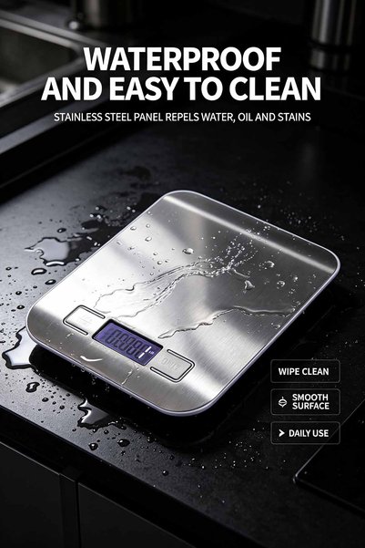 Alnoor Global Store ميزان إلكتروني مدمج للمطبخ والمنزل | خفيف الوزن بمقاس 14×18 سم، سطح ستانلس ستيل، دقة عالية للجرامات