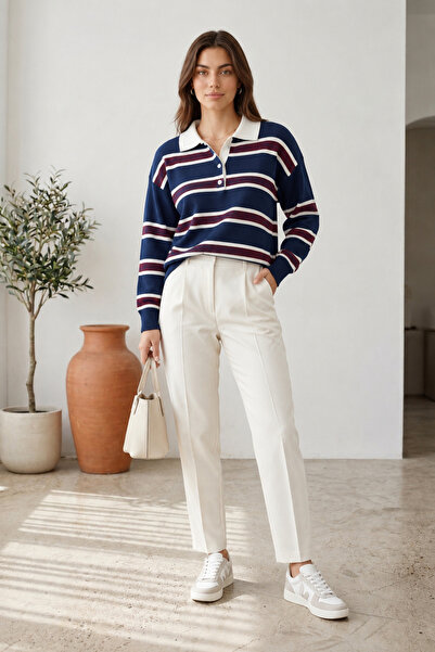 unika boutique Women's Striped Polo Collar Knit Sweater