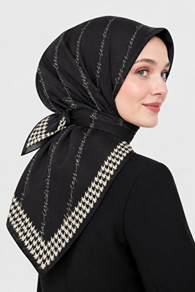 Lesscarves LS2210 Desenli Pamuk İpek Eşarp 90x90 cm 11-Koyu Antrasit-Ekru