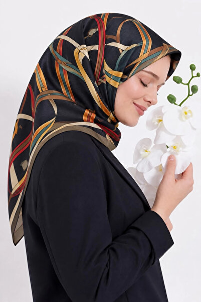 Lesscarves LS2209 Desenli Pamuk İpek Eşarp 90x90 cm 02-Siyah-Çok Renkli