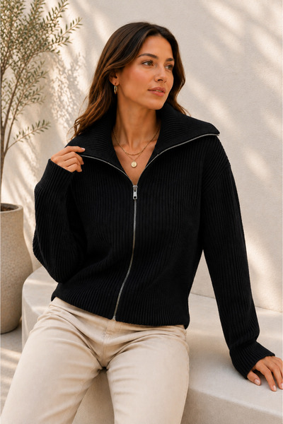 Nopen Knitwear Kadın Devrik Yaka Fermuarlı Triko Hırka